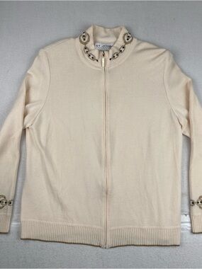 St John Collection Womens Tan Front Zip Sweater medium Beadwork Embroidered